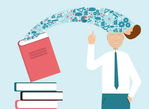 Creativity and education. Data flying from book into man's head on blue Stock Illustration