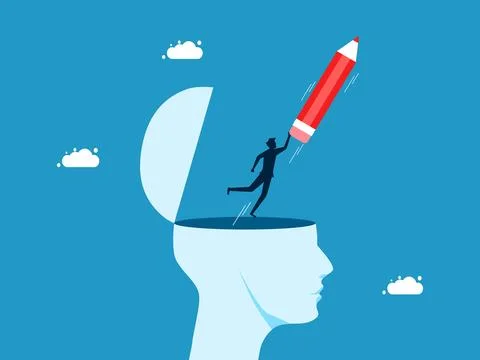 Creativity and imagination. man flying with a pencil from a human head Stock Illustration