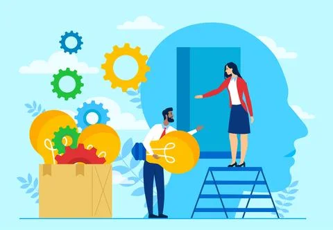 Creativity and innovation. Man and woman holding light bulb in their hands Stock Illustration