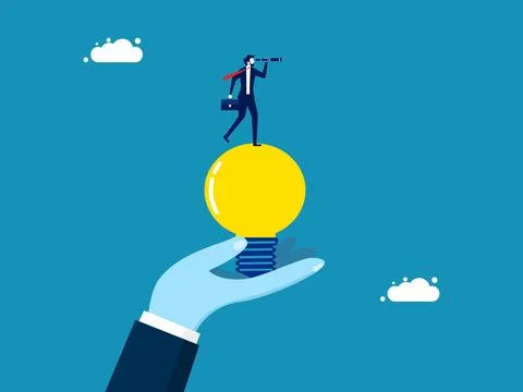 Creativity and new ideas. man standing on light bulb with binoculars Illustrazione stock