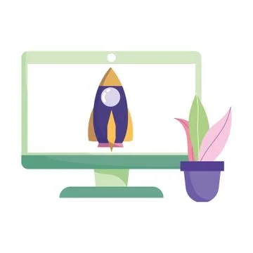 Creativity and technology, computer rocket potted plant isolated design 스톡 일러스트
