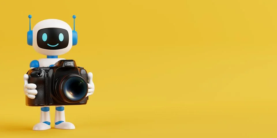 Creativity And Technology Concept. Cute Friendly AI Robot Mascot Holding Di.. Stock Illustration