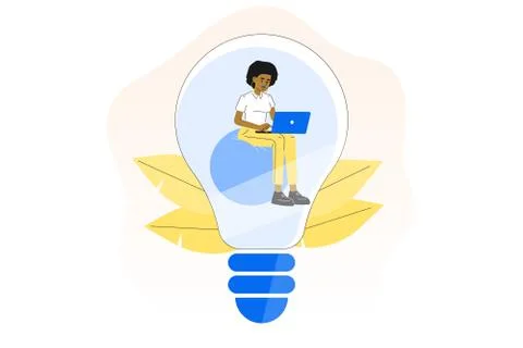 Creativity. Business idea concept. Young business woman sitting inside lightb Stock Illustration