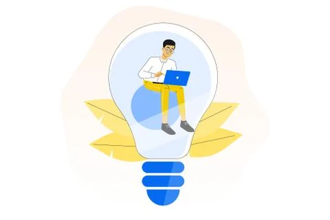 Creativity. Business idea concept. Young business man sitting inside lightbul Stock Illustration
