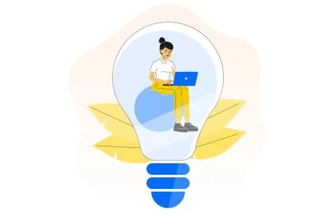 Creativity. Business idea concept. Young business woman sitting inside lightb Stock Illustration