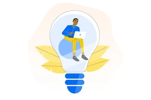Creativity. Business idea concept. Young business man sitting inside lightbul Stock Illustration