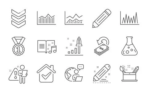Creativity concept, Chemistry lab and Line graph icons set. Vector Stock Illustration