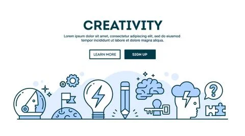 Creativity, concept header, flat design thin line style Stock Illustration