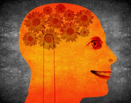 Creativity concept illustration with orange head  and daisy flower Stock Illustration