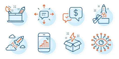 Creativity concept, Sms and Graph phone icons set. Vector Stock Illustration