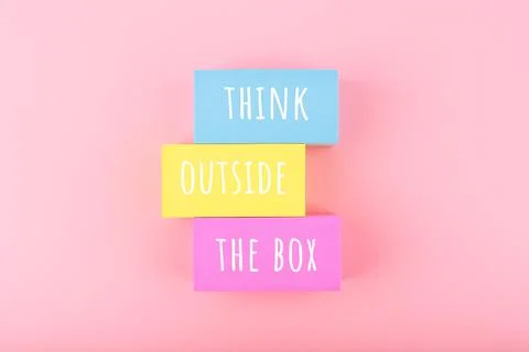 Creativity concept. Think outside the box written on colorful rectangles on Foto stock