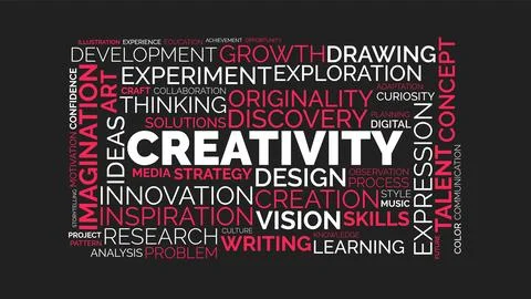 Creativity Concept Word Cloud with Art and Design Keywords on Black Backgroun 스톡 일러스트