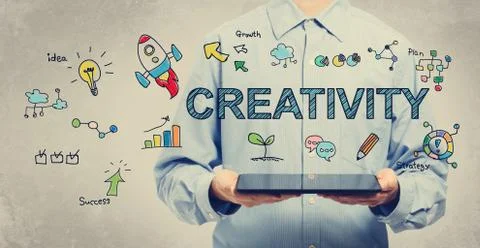 Creativity concept with young man holding a tablet Stockillustratie