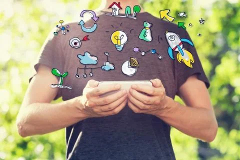 Creativity concept with young man holding his smartphone Stock Illustration