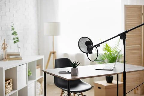 Creativity, content making, podcast and blogging concept - workplace with lap Stockfoto's