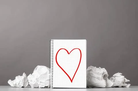 Creativity creative process. crumpled wads and notebook with heart picture... 스톡 사진