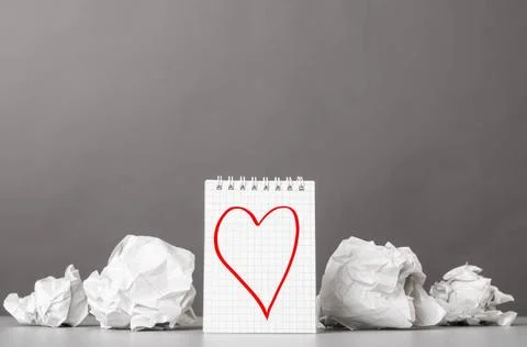 Creativity creative process. crumpled wads and notebook with heart picture... 스톡 사진