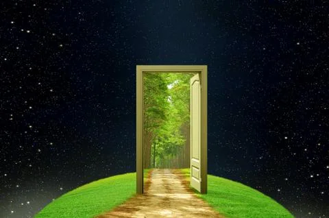 Creativity earth and imagination opened door Stock Illustration