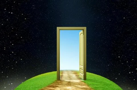 Creativity earth and imagination opened door Stock Illustration