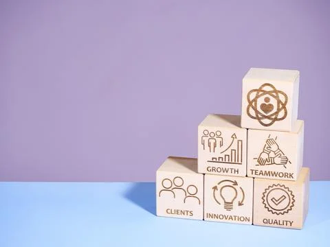CREATIVITY, GROWTH, CLIENT, INNOVATION, QUALITY, STRATEGY, TEAMWORK, TRUST as Stock Photos