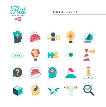 Creativity, imagination, problem solving, mind power and more, flat icons set Illustrazione stock