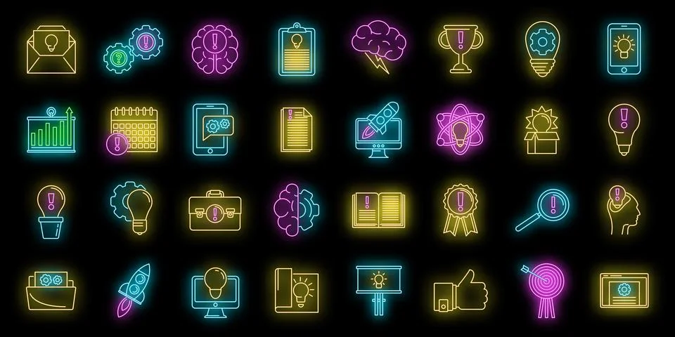 Creativity innovation icons set vector neon Stock Illustration