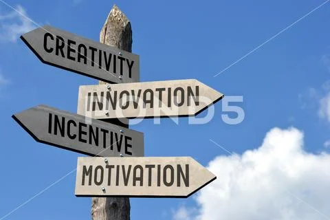 Creativity, innovation, incentive, motivation – wooden signpost Stock Photos