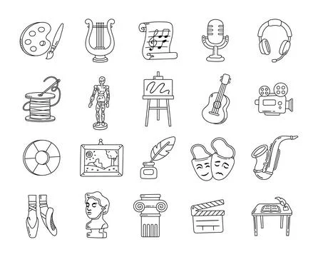 Creativity objects set in outline line art Stock Illustration