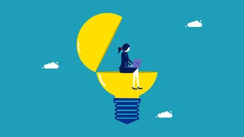 Creativity in problem solving. A smart business woman sitting on a light bulb 스톡 일러스트