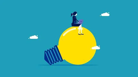 Creativity in problem solving. A smart business woman sitting on a light bulb 스톡 일러스트