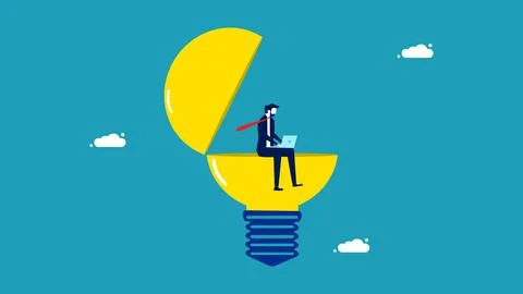 Creativity in problem solving. smart businessman sitting on a light bulb. bus Illustrazione stock