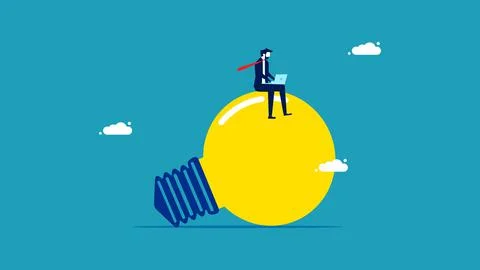 Creativity in problem solving. smart businessman sitting on a light bulb. bus 스톡 일러스트