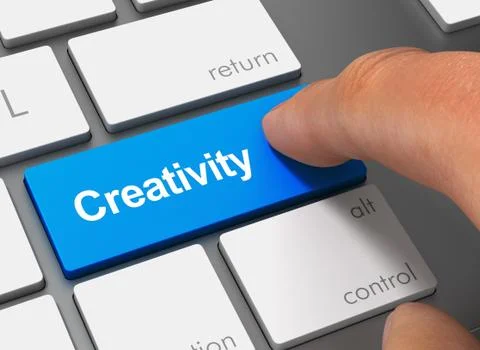 Creativity pushing keyboard with finger 3d illustration 스톡 사진