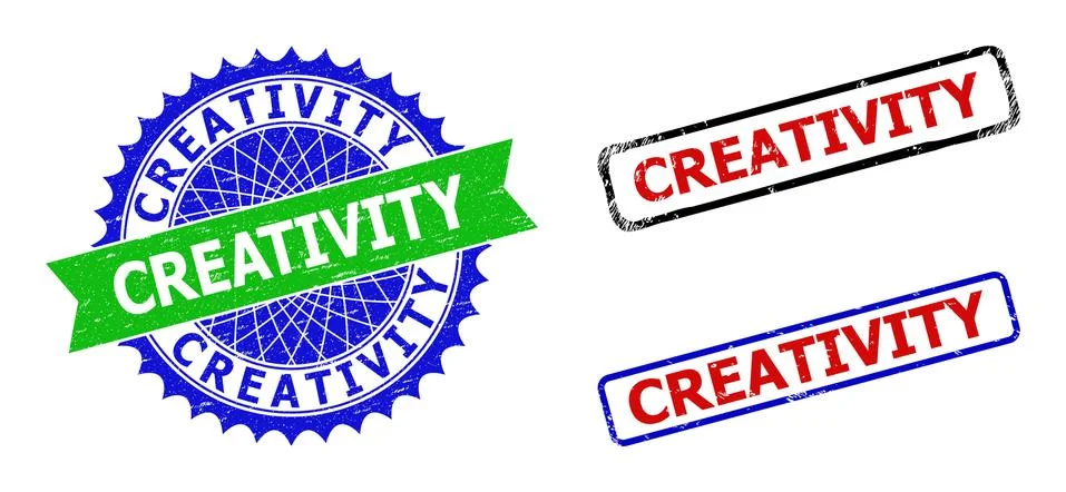 CREATIVITY Rosette and Rectangle Bicolor Badges with Unclean Textures Stock Illustration