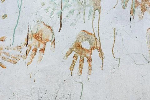 Creativity, Self-Expression Concept. Defocused shot Children's palm prints on Stock Photos