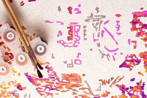 Creativity set with paints, brushes and canvas for painting by numbers hobby Stock Photos