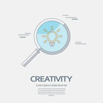 Creativity symbol of lightbulb under magnifying glass. Modern business line icon Stock Illustration