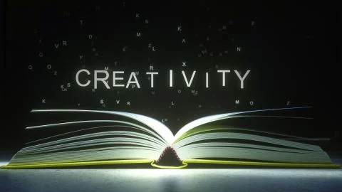 CREATIVITY text made of glowing letters vaporizing from open book. 3D rendering Stock Illustration