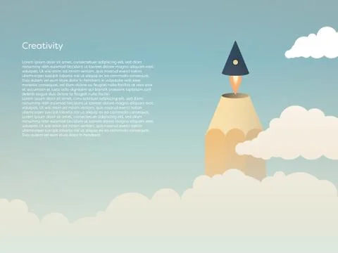 Creativity vector concept with pencil tip flying off as a rocket above clouds Stock Illustration