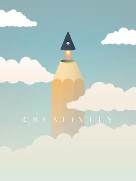 Creativity vector concept with pencil tip flying off as a rocket above clouds Stock Illustration