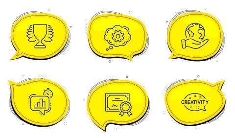 Creativity, Winner and Statistics timer icons set. Cogwheel sign. Vector Stock Illustration