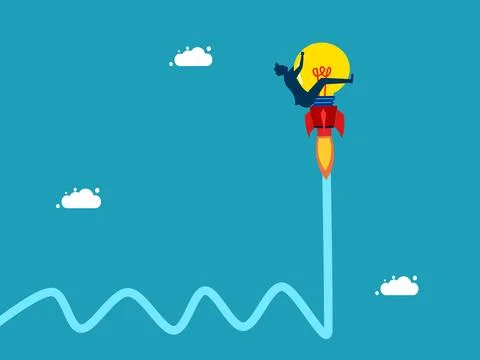 Creativity wins the crisis. Optimization for growth. Businessman riding a lig 스톡 일러스트