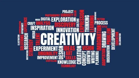 Creativity Word Cloud Concept on Dark Blue Background with Inspiration and .. 库存插图