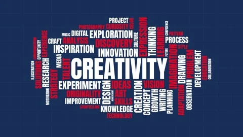 Creativity Word Cloud Concept Graphic with White and Red Typography on Dark.. Stock Footage 341737883