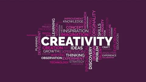 Creativity Word Cloud Concept Graphic with Related Terms on Purple Background 스톡 일러스트