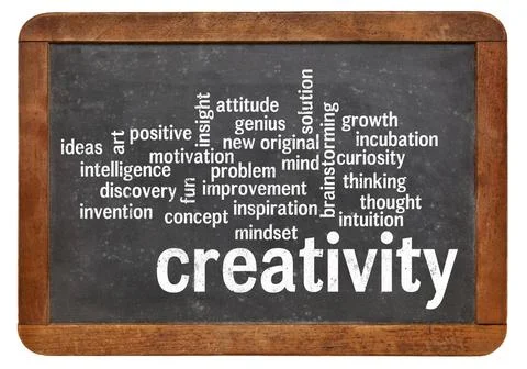  creativity word cloud word cloud on blackboard cloud of words or tags rel... Foto stock