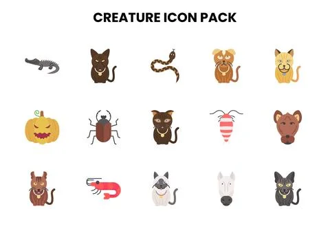 Creature Flat Set Icons Pack Stock Illustration