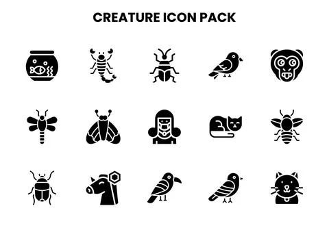 Creature Glyph Bundle Icons Pack Stock Illustration