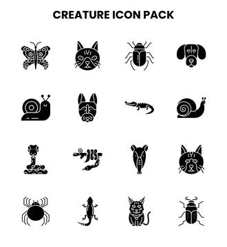 Creature Glyph Bundle Icons Pack Stock Illustration