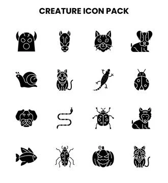 Creature Glyph Set Icons Pack Stock Illustration